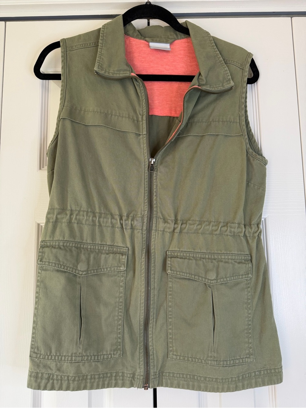 Columbia Olive Green Utility Vest with Coral Lining